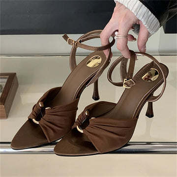 Eilyken Sexy Pleated Hollow Out Buckle Strap Women Sandals Summer Pointed Toe Thin High Heels Banquet Party Female Shoes