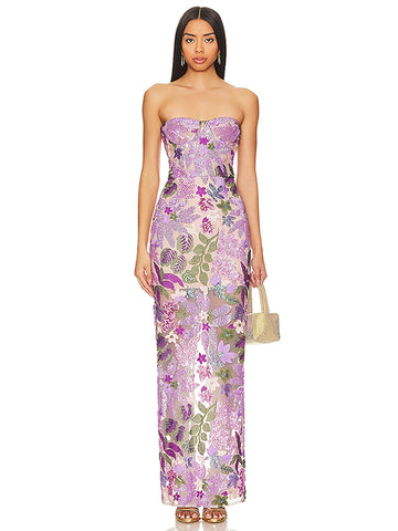 Women's Elegant Strapless Floral Embroidered Sequin Maxi Dress with Sheer Lace Perfect for Formal Parties Special Occasions