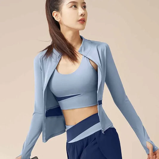 Women's Running Jacket Tights Contrast Color Quick Dry Long Sleeved Sports Top Workout Yoga Wear Stand Collar Fitness Gym Coat