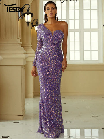 Yesexy New One Shoulder Asymmetrical Sequin Mermaid Evening Gown Wedding Birthday Party Formal Occasion Graduation Maxi Dresses