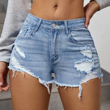 Fashionable Distressed Denim Shorts Women's Summer New Style Personality Shorts Hot Sale Straight Leg Mid Waist Made in China