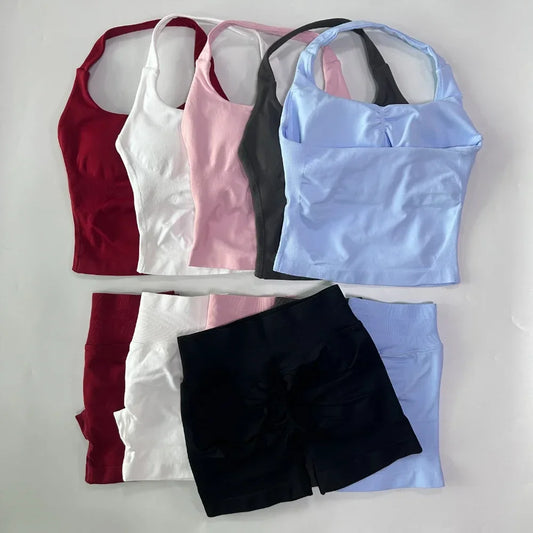 2 Pieces Gym Set Women Backless Halter Tops High Waist Seamless Shorts Gym Suit Fitness Clothes Sportswear Workout Sets