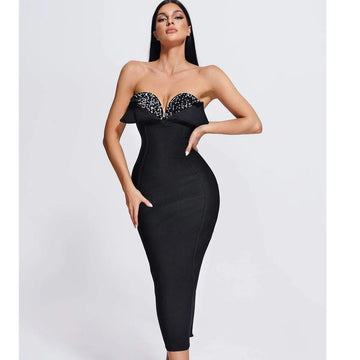 Fashionable Elegant Women's Long Party Dress Clothing Slimming Tied Waist Knit Sequins Strapless Gown For European And American