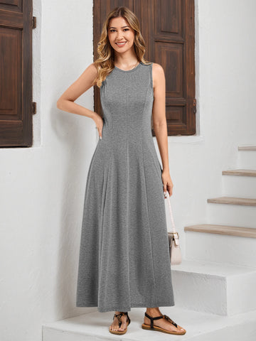 Women's Solid Sleeveless Round Neck Tank Vest Maxi Dress Summer Ladies Casual Loose Holiday Pullover Sundress Size S-2XL