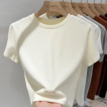 AOSSVIAO 2025 100% Cotton Solid T-shirts Women Short Sleeve Tees Fashion Casual White Black Clothing O-Neck Female Summer Tops