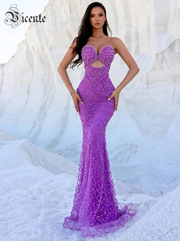 VC Gorgeous Purple Strapless Sleeveless Sequin Pearl Mermaid Mesh Dress for Galas Evening Gown
