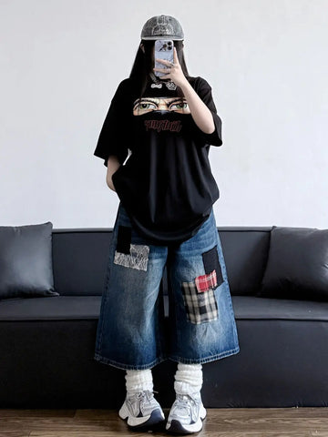 Street Washed Eclectic Waif Jeans Women Plaid Patchwork Grunge Casual 2000s Pants Harajuku American Vintage Denim Trouser