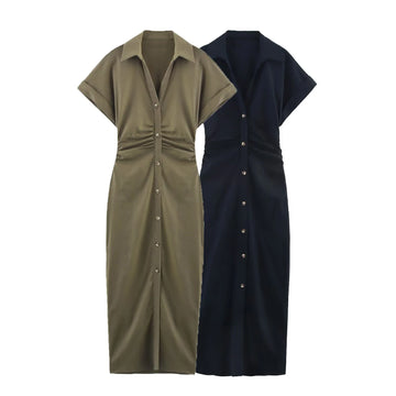 UNIZERA women's fashionable single breasted solid color pleated casual temperament summer new dress