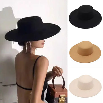Flat Top Tweed Bowler Hat Large Brim Hundred Felt Hat Women Jazz Hat French Hepburn Style Dress Soft