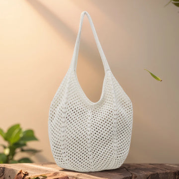 Women Knitting Shoulder Bag Solid Color Crochet Tote Bag Large Capacity Knitted Tote Handbag Ladies Daily Handbag