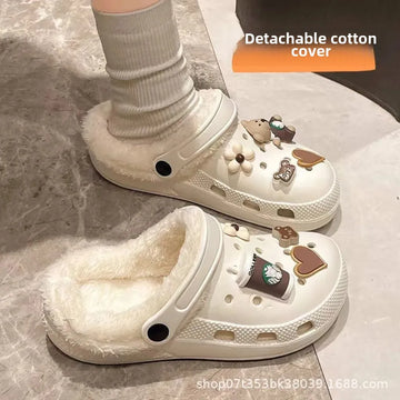 Fleece Lined Clog Shoes Cartoon Bear Women's Fashionable Outdoor Autumn Winter New Style Flat Bottom Detachable Lazy Head Slippe