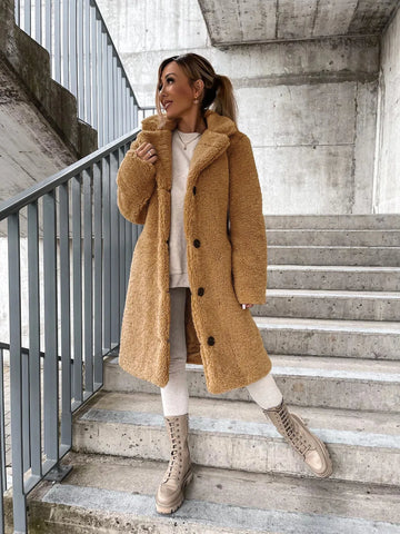 Autumn and winter cross-border women's clothing hot item: furry long sleeved lapel women's plush top long coat