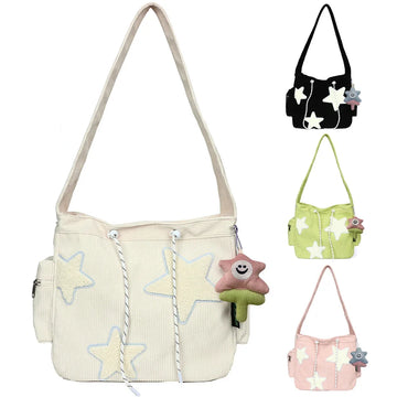 Women Kawaii Sling Bag with Pendant Casual Satchel Bag Large Capacity Corduroy Star Applique Leisure Travel Outdoor Bag