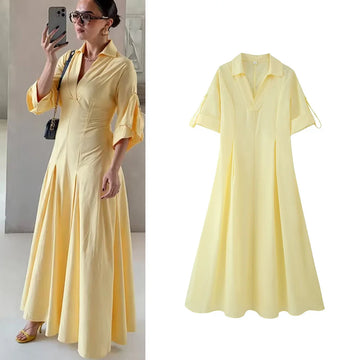 High Street Chic Women A-line Dress Solid Turn Down Collar Short Sleeve Slim Long Straight Vestidos Fashion 2025 Summer Dress