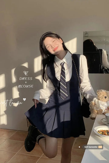 2023 Spring Autumn New Women's Dress Set Pleated Skirt White Shirt Preppy Styles Korean Version Fashion Outfit