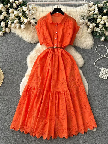 Women Summer Dress Loose Breasted Lace Up Long Dress with Waistband Pleated Shirt Collar and Patchwork Long Dress D4072