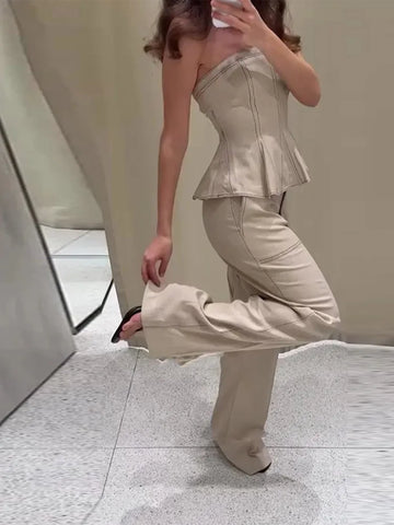 Elegant Pleated Vest Wide Leg Trousers 2025 Summer New Lady Long Pants Suits Fashion Ruffled Off Shoulder Tank Top Loose Pants