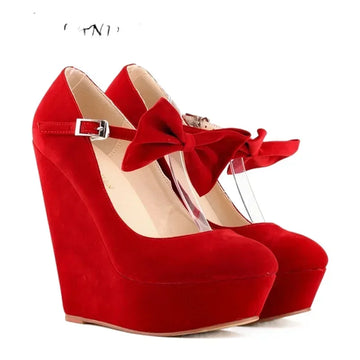 Women Pumps 2025 New Autumn Casual Fashion Sexy Flock Wedges High Heels Platform Ladies Bow Round Toe Party Dress Wedding Shoes