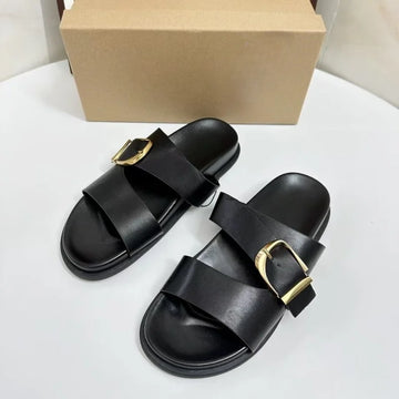Summer Black Flat Buckle Sandals for Women Casual Open Toe Beach Slides Wide Straps Flats Slippers Ladies Plus Size Sandal Shoes