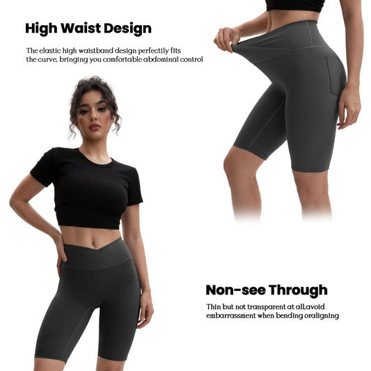 Crossover Waist Yoga Shorts 5 Inch Classic Seam Butt Lifting High Waist Workout Leggings With Back Pocket Biking Gym Activewear
