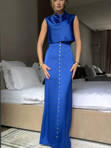 High Street Skirts Set Women Pile Collar Sleeveless Crop Vest Top High Waist Single Breasted Long Skirt 2025 New Lady Outfits