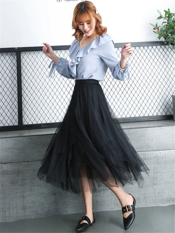 Asymmetrical High Waist Ruffles Mesh Tutu Long Midi Skirt Irregular Tulle Skirt for Women Black Harajuku Summer Goth Clothes