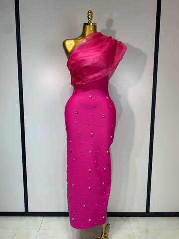 Women Sexy One Shoulder Shinning Crystal Bodycon Bandage Long Dress Celebrate Birthday Elegant Evening Party Club Outfit