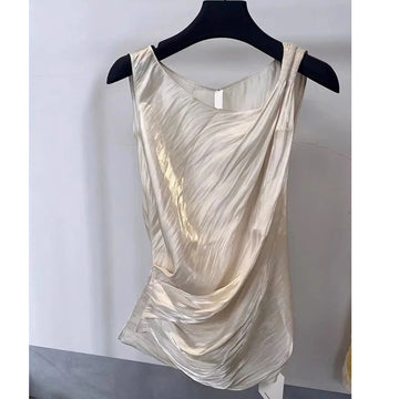 Fashion O-Neck Sleeveless Irregular Folds SILK T-Shirts Female Clothing 2025 Summer New Loose Korean Tank Top Office Lady Shirts