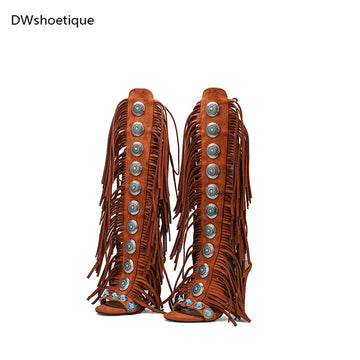 Summer cow suede leather tassels women sandals peep toe sexy lace up knee high shoes