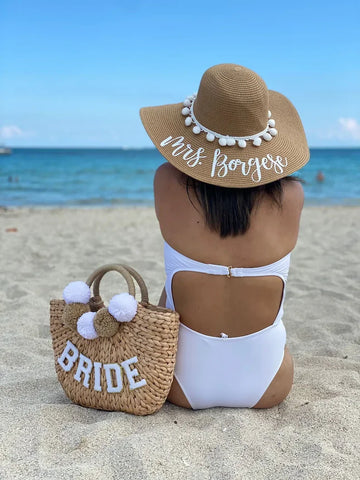 Custom Mrs Name Floppy Pom Pom Beach Hat Personalized Bachelorette Trip Honeymoon Sun Hat Future Mrs Bridesmaid Hats