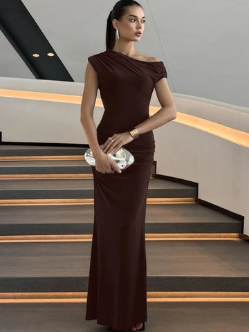 FDYOUI Woman Clothes Diagonal Collar Ruched Brown Long Dresses 2025 Summer Lady Chic One Shoulder Sleeveless Tunics Party Dress