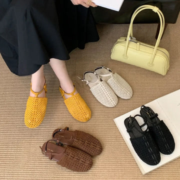 Retro Flat Roman Shoes with Lace Hollow out Design Fishing Net Toe Cover Sandals for Women Summer New Style Woven Flats
