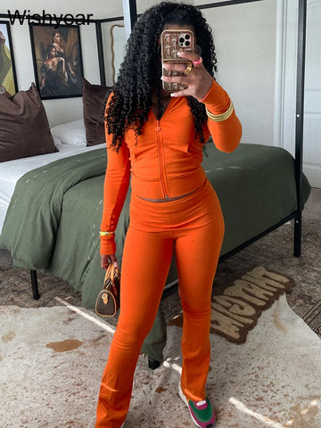 Autumn Orange 2 Piece Pants Women Matching Sets Zip Pocket Crop Tops and Leggings Jogger Trousers Sports Fitness Street OutfIts