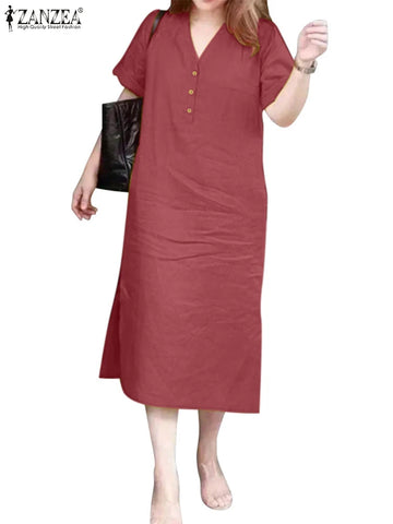 ZANZEA Woman Casual A-line Midi Dresses 2025 Summer Short Sleeve V-Neck Side Slit Robes Femme Daily Commute Solid Vestidos Mujer