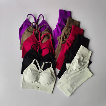 2PCS Women's Seamless Yoga Set Strappy Sports Bra with Pads & High Waisted Leggings Workout Outfit Quick Dry Gym Suit