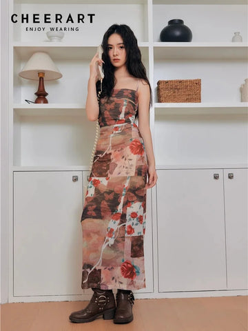 CHEERART Rose Floral Butterfly Print Long Mesh Dress Women 2024 Summer Bodycon Tunics A Line Long Slip Dress Party Night Clothes