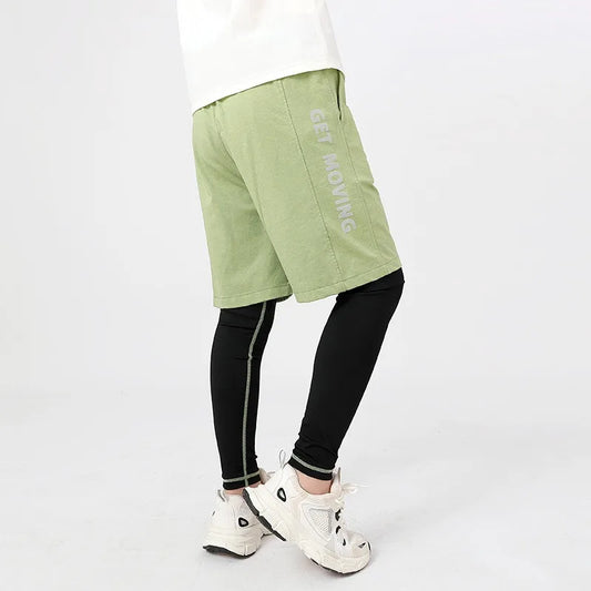 Boy's Basketball Shorts Leggings 2 in 1 Athletic Running Pants Quick-dry Fake Two Pieces Trousers Kids Trainning Tights Pants
