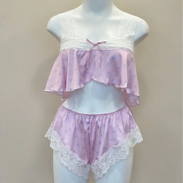 Kawaii Printed Pajamas Women's Sleepwear French Lace Pink Beauty Back Suspenders Sleep Tops with Shorts Loungewear Two-piece Set