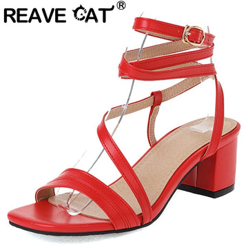 REAVE CAT 2022 Women Shoes Sandals Peep Toe Ankle Strap Block Heels Fashion Big Size 30-52 Black White Daily Summer S3533