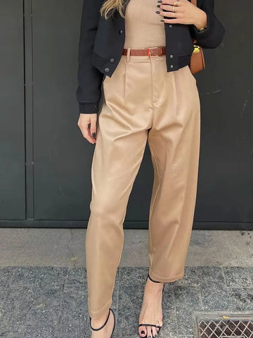 Fashion Female Trousers Mujer Women Solid Pant With Belt Pleated Solid Vintage High Waist Side Pockets Zipper Fly Pants