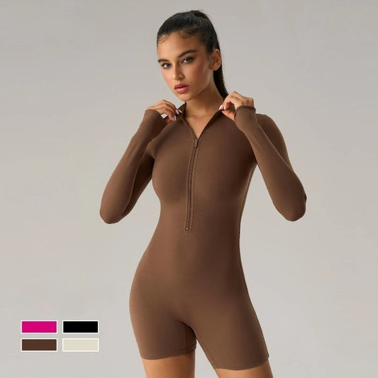 Sean Tsing Zipper Long Sleeve Shorts Yoga One-piece Sportswear Women Jumpsuit Gym Push Up Workout Fitness Slim Sports Bodysuits
