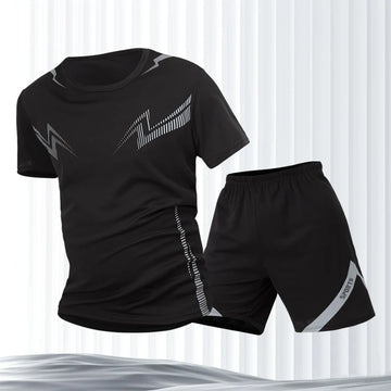 2 Pieces Men's Black Lightning Quick-drying Loose Sports Suit Basic Joker Teenagers Outdoor Fitness Running Short-sleeved Shorts