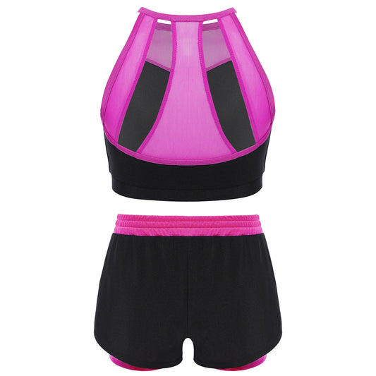 Kids Girl Color Block Sports Set Sheer Mesh Patchwork Cutout Back Crop Top with Shorts for Workout Exercise Yoga Running Cycling