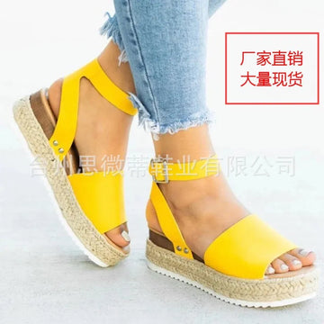 Women's Thick Heel Straw Woven Sandals Large Size Summer Slip-On Shoes Comfortable Breathable Synthetic Upgraded Version