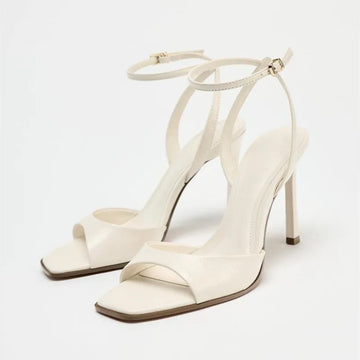 Designer Patent Leather Ankle Strap Buckle Heeled Sandals Women Sexy Square Toe Peep Toe High Heels Summer Elegant Office Shoes