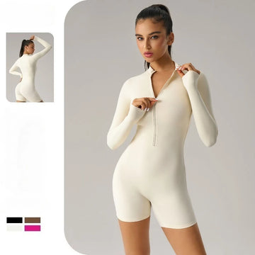 Sean Tsing Zipper Long Sleeve Shorts Yoga One-piece Sportswear Women Jumpsuit Gym Push Up Workout Fitness Slim Sports Bodysuits