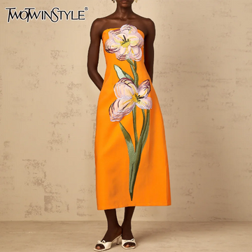 TWOTWINSTYLE Hit Color Slimming Spliced 3D Flower Elegant Dresses for Women Strapless Sleeveless Temperament Dress Female New