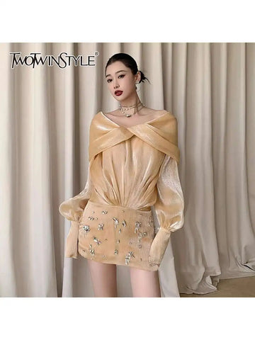 TWOTWINSTYLE Solid Spliced Diamonds Slimming Dresses For Women Slash Neck Long Sleeve High Waist Temperament Mini Dress Female