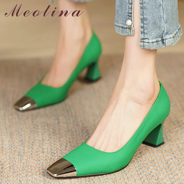 Meotina Women Shoes Genuine Leather Thick Heels Square Toe Pumps Fashion High Heel Party Lady Footwear Spring Green White 34-42
