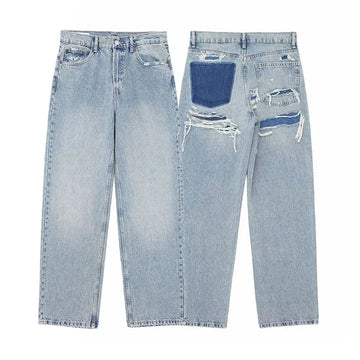 Women's Street Fashion Denim Blue Jeans Distressed Patchwork High Waist Zipper Fly Ripped Retro Long Pants